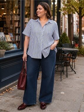 Roaman’s Navy White Blue Striped Button Front Shirt 26W Cotton Blend